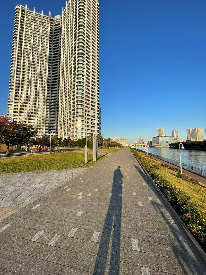 高層マンションと私の影