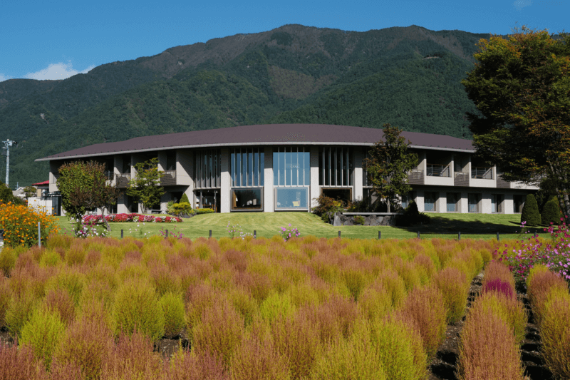 コキアと建物、山と青空の対比が美しい